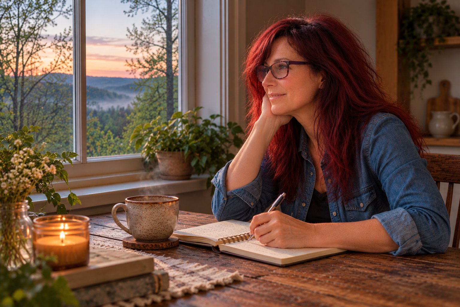 A woman reflecting with her journal beside a window at dawn