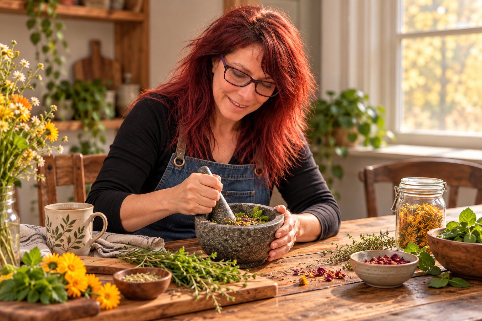 A woman preparing herbs with a mortar and pestle in a sunlit kitchen
