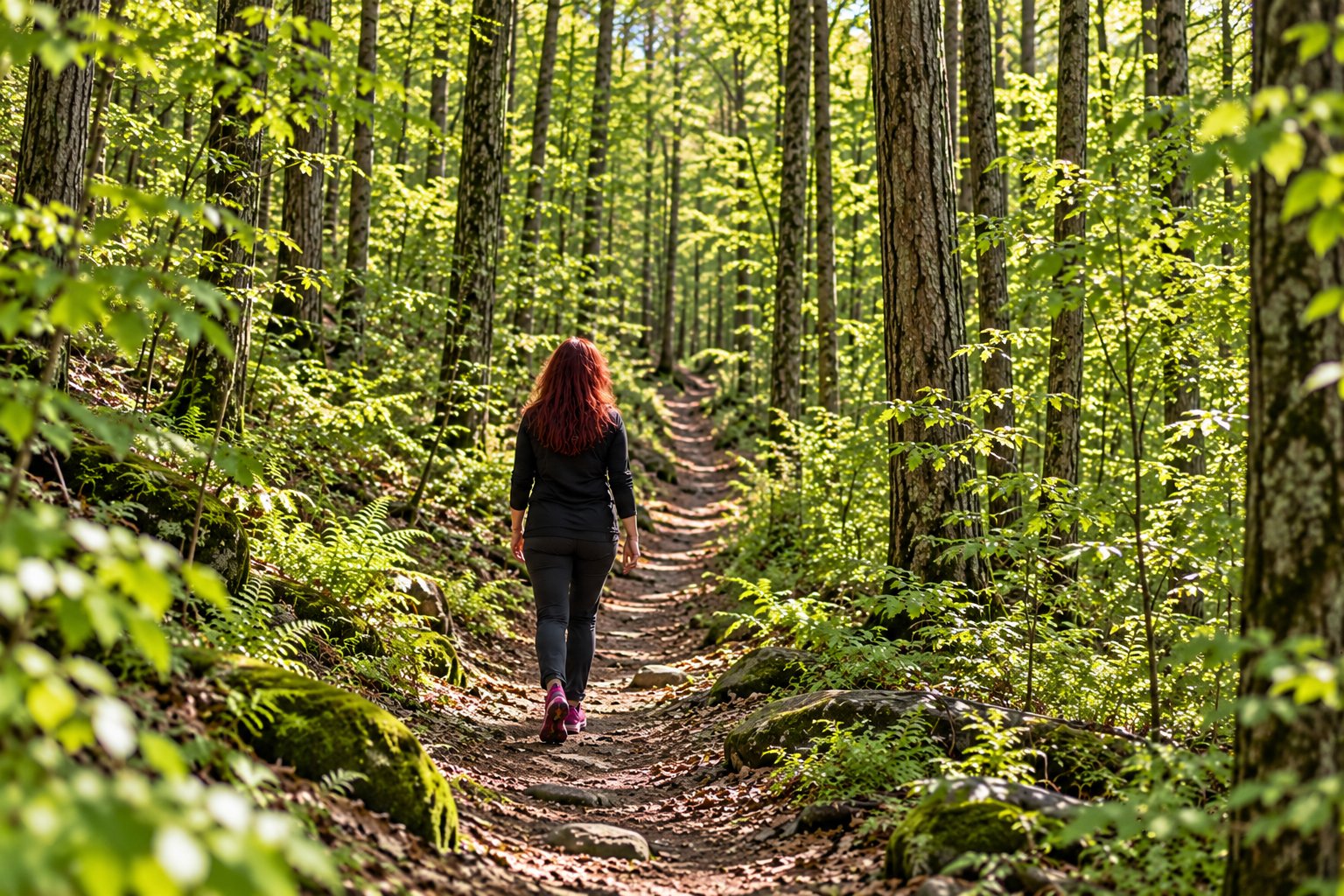 A woman walking along a sunlit forest trail