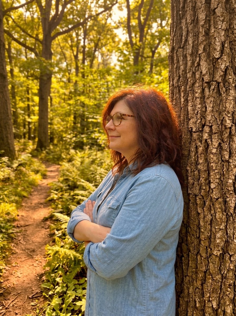 Woman leaning against a tree beside a sunlit woodland trail