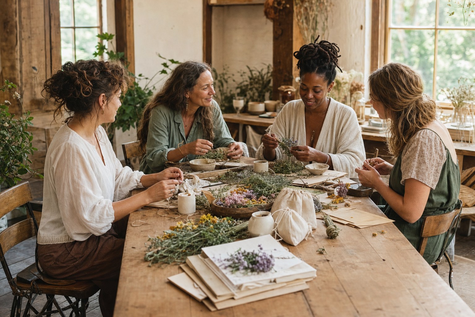 Women creating botanical crafts at a workshop table