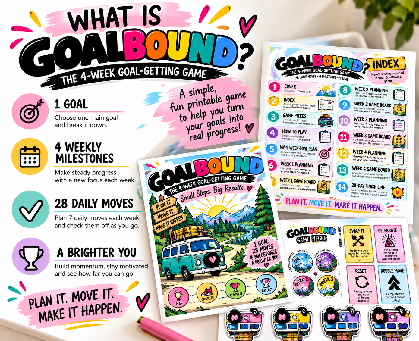 GoalBound illustrated game board with a road and goal checkpoints