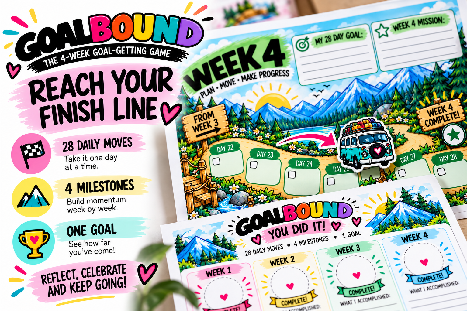 GoalBound planner cover and Week 4 game board