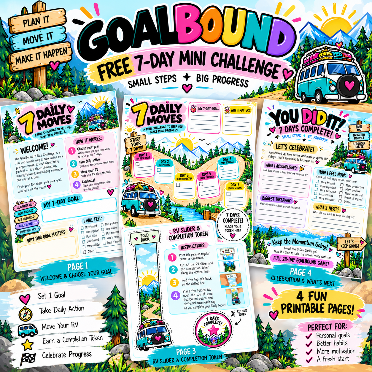 GoalBound FREE 7-Day Mini Challenge printable pages, RV slider and completion token