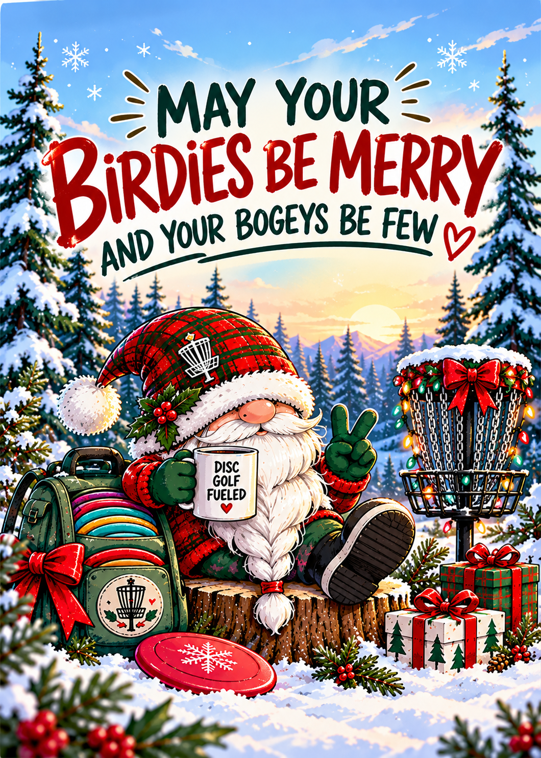 Merry Birdies, printable disc golf Christmas card cover