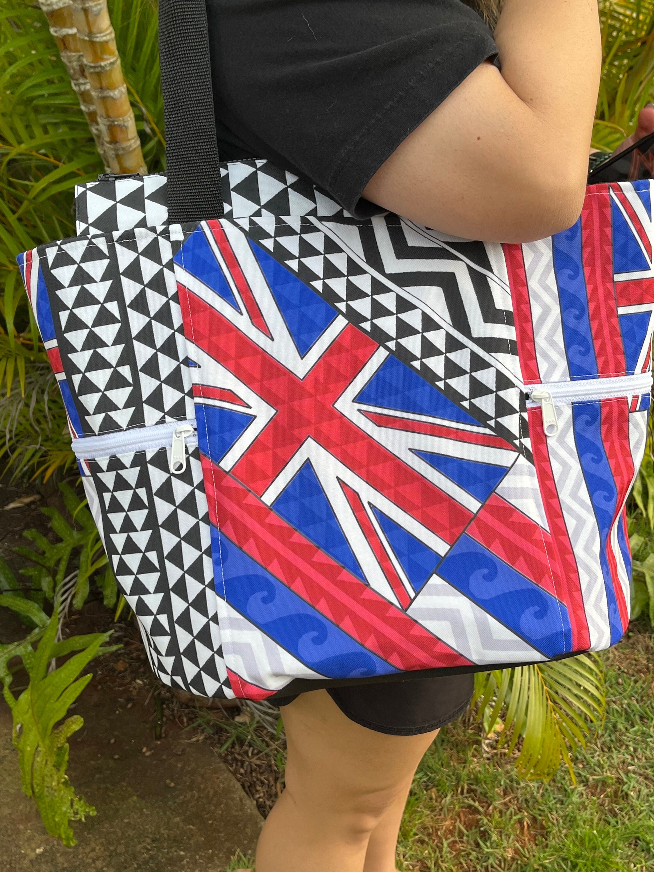 Hawaiian Flag Tattoos Washable Tote Shopping Bag, view 2