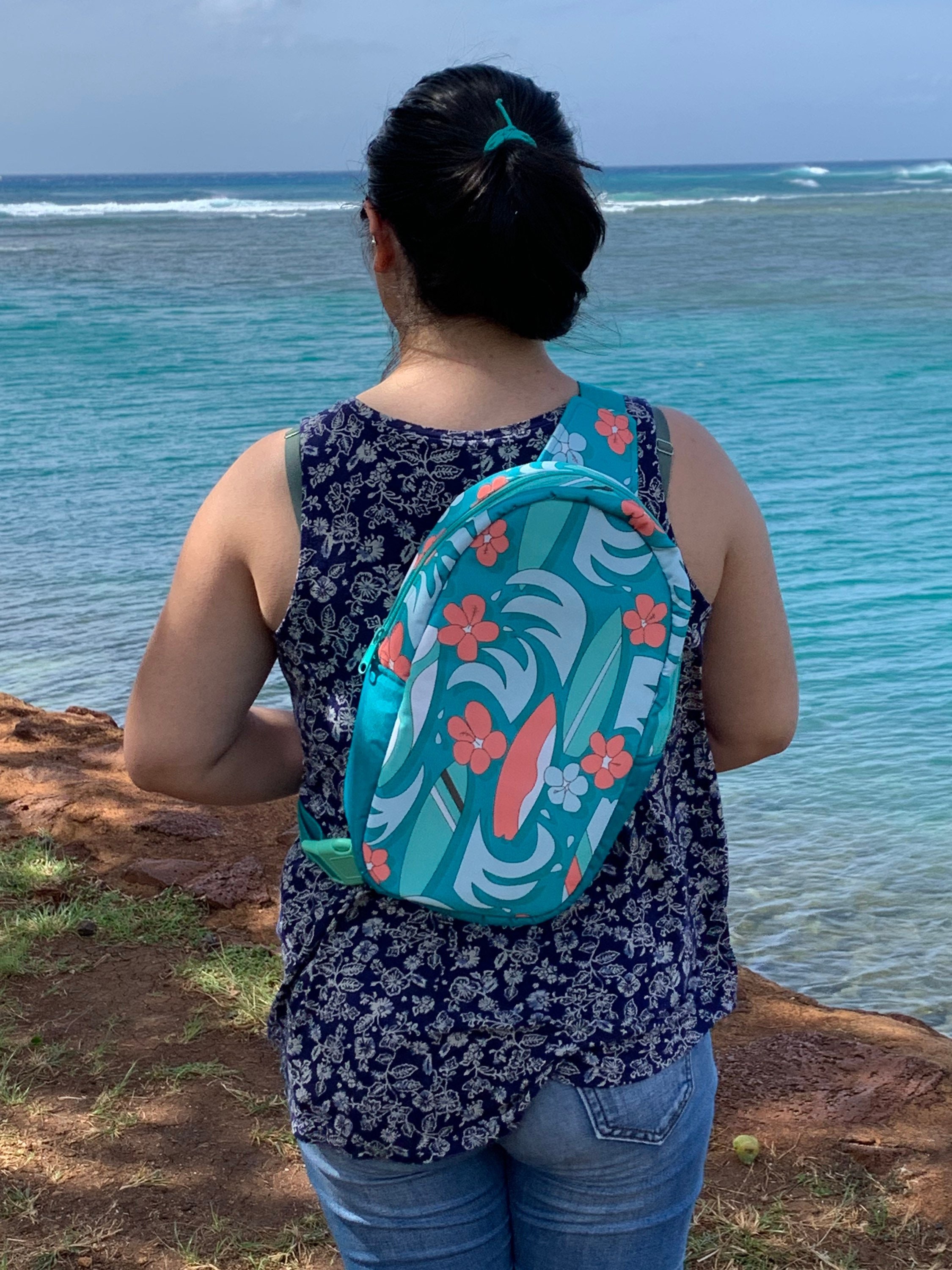 Surfboards and Plumerias Bullet Sling-pack Backpack, view 9