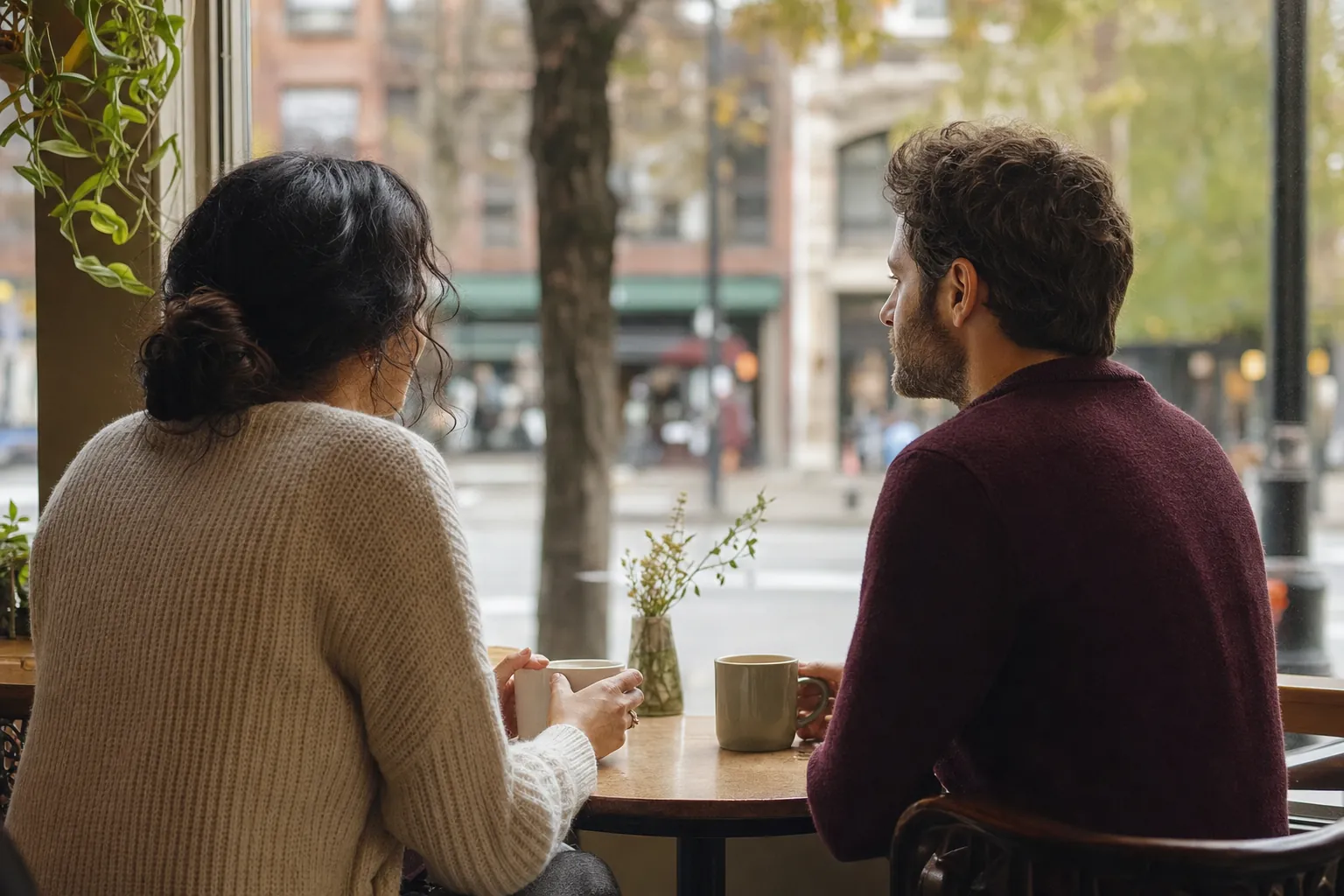 Two people talking over warm drinks in a neighborhood cafe