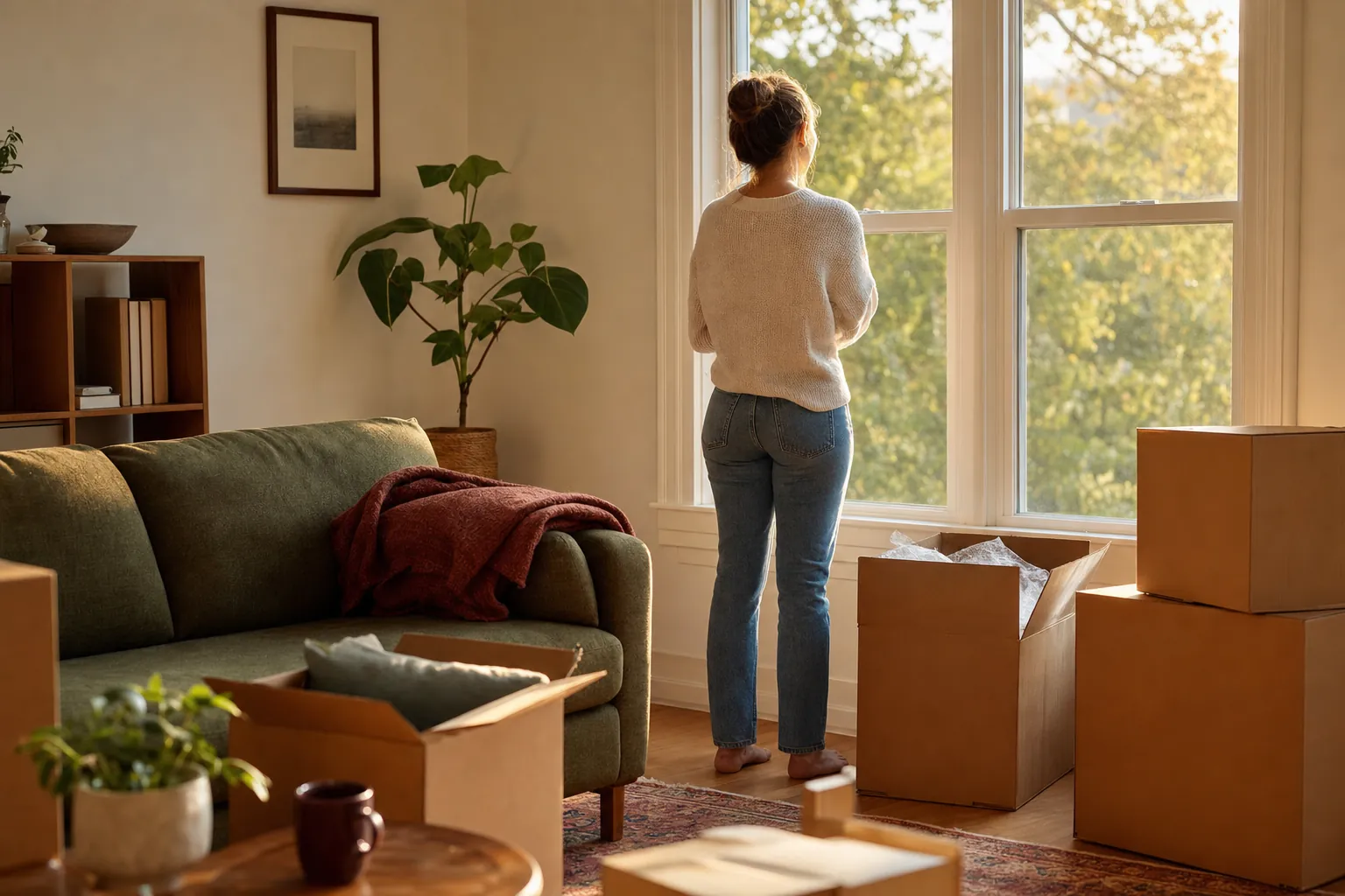 A person standing beside moving boxes in a sunlit living room, looking out a window