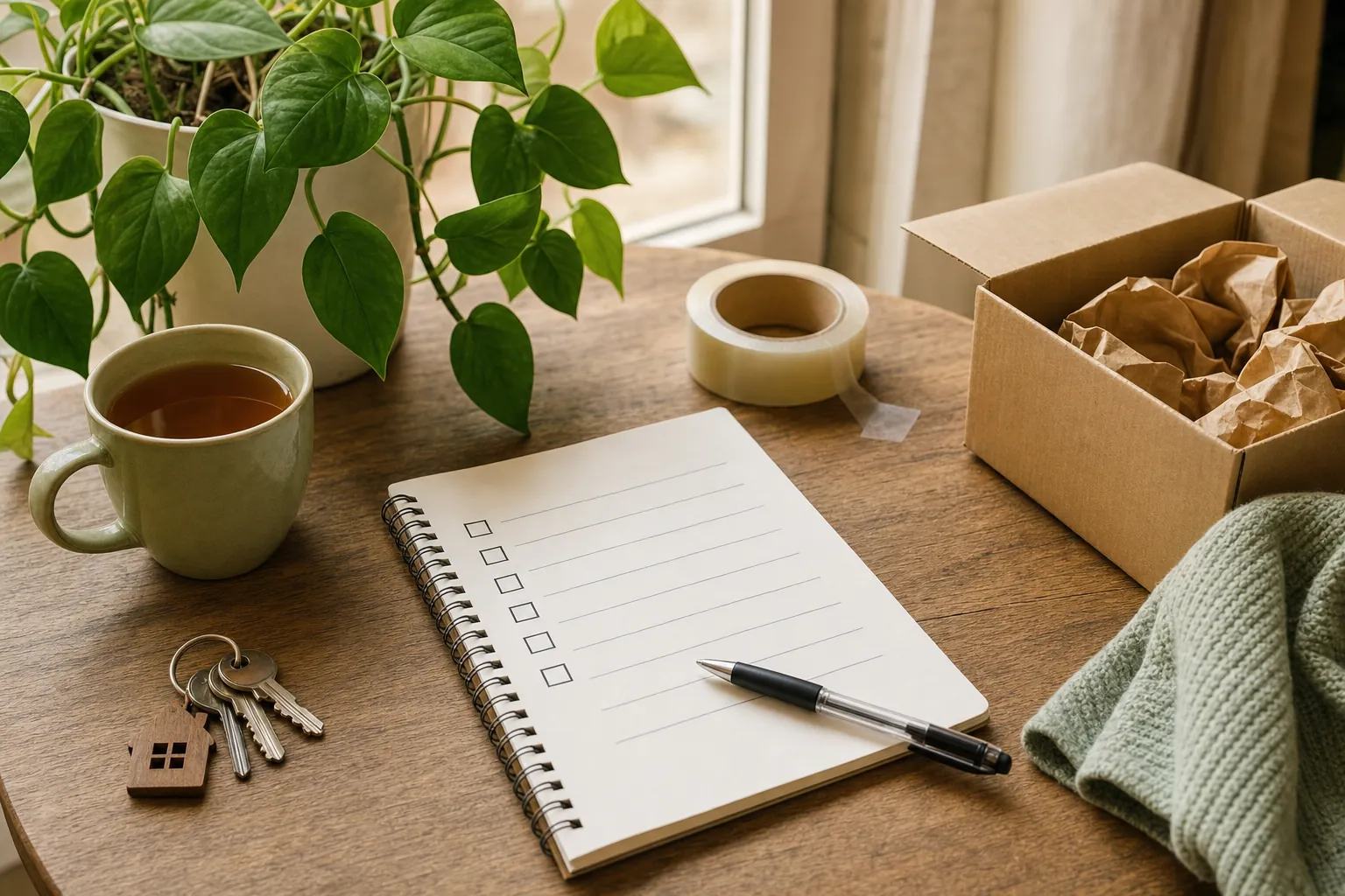 A moving checklist, keys, tea, packing tape, and an open box on a wood table