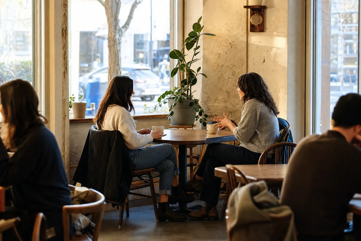 Two adults having a relaxed conversation at a neighborhood coffee shop