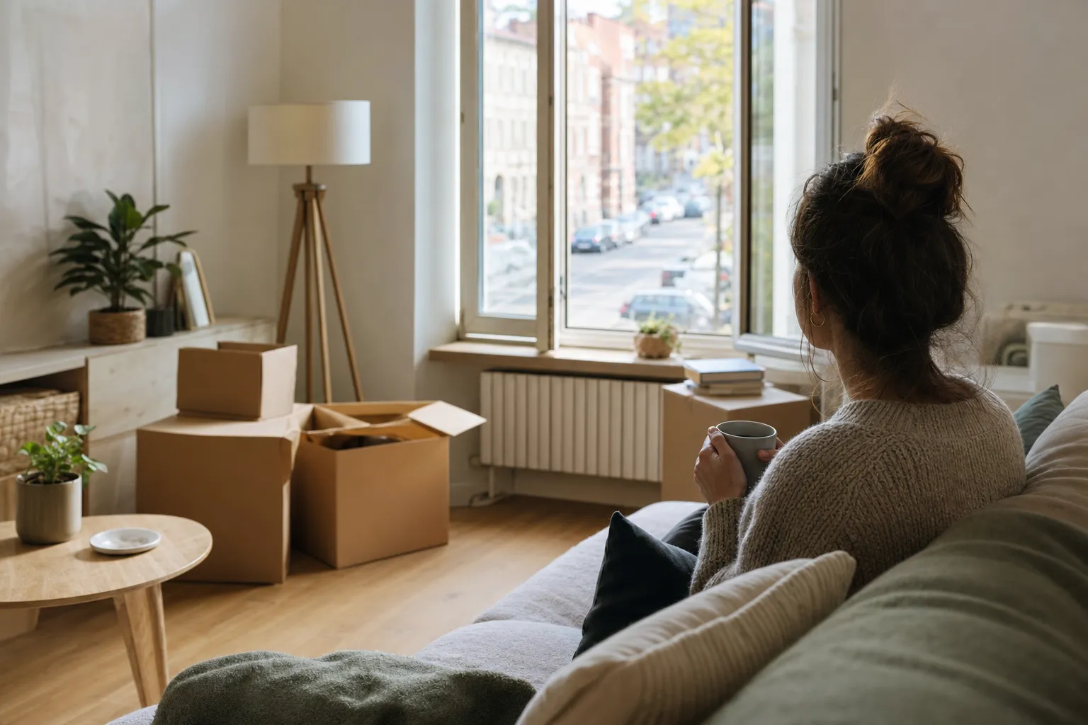 A person sitting with a mug beside unpacked boxes in a new apartment, looking out at a city street