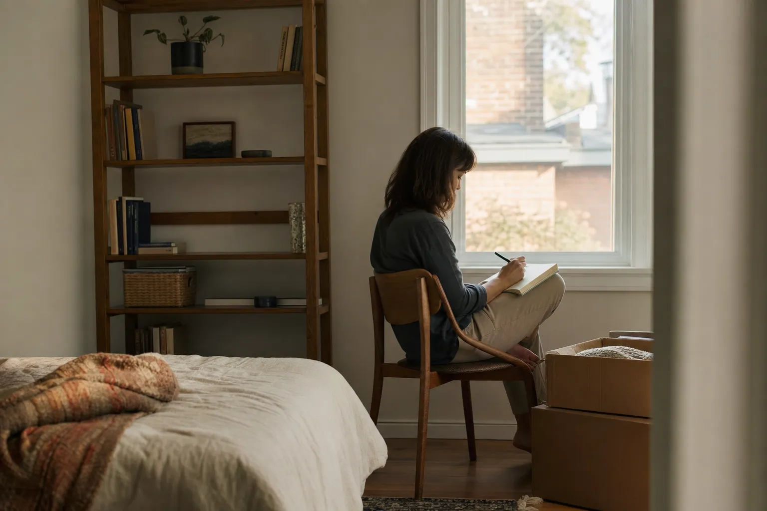 A person quietly writing in a journal beside a window in a partially unpacked bedroom