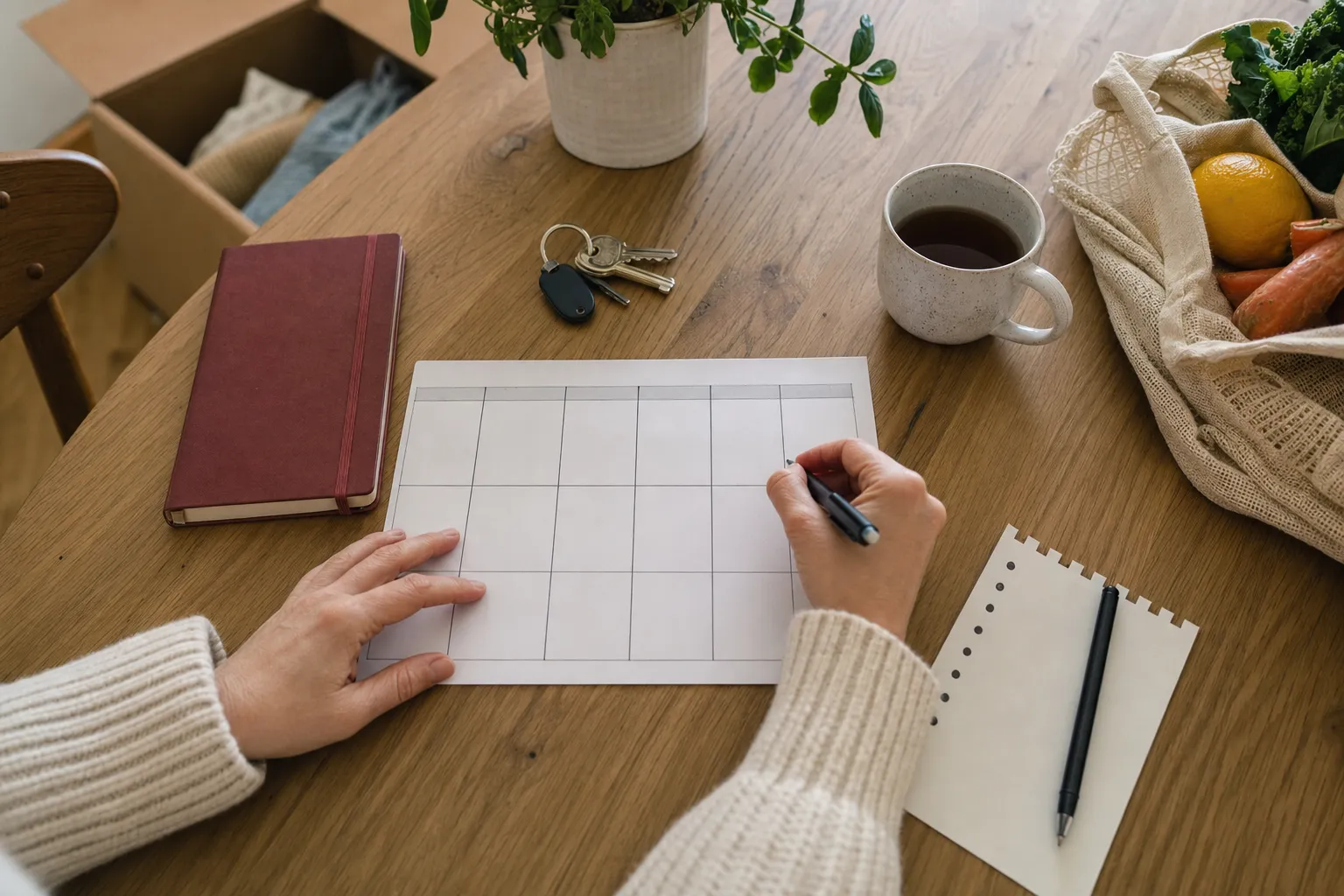A weekly plan, keys, tea, groceries, and an unpacked box on a kitchen table