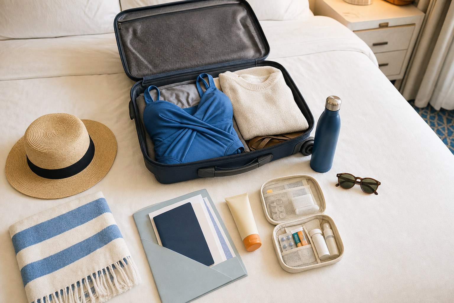 Cruise essentials packed on a hotel bed