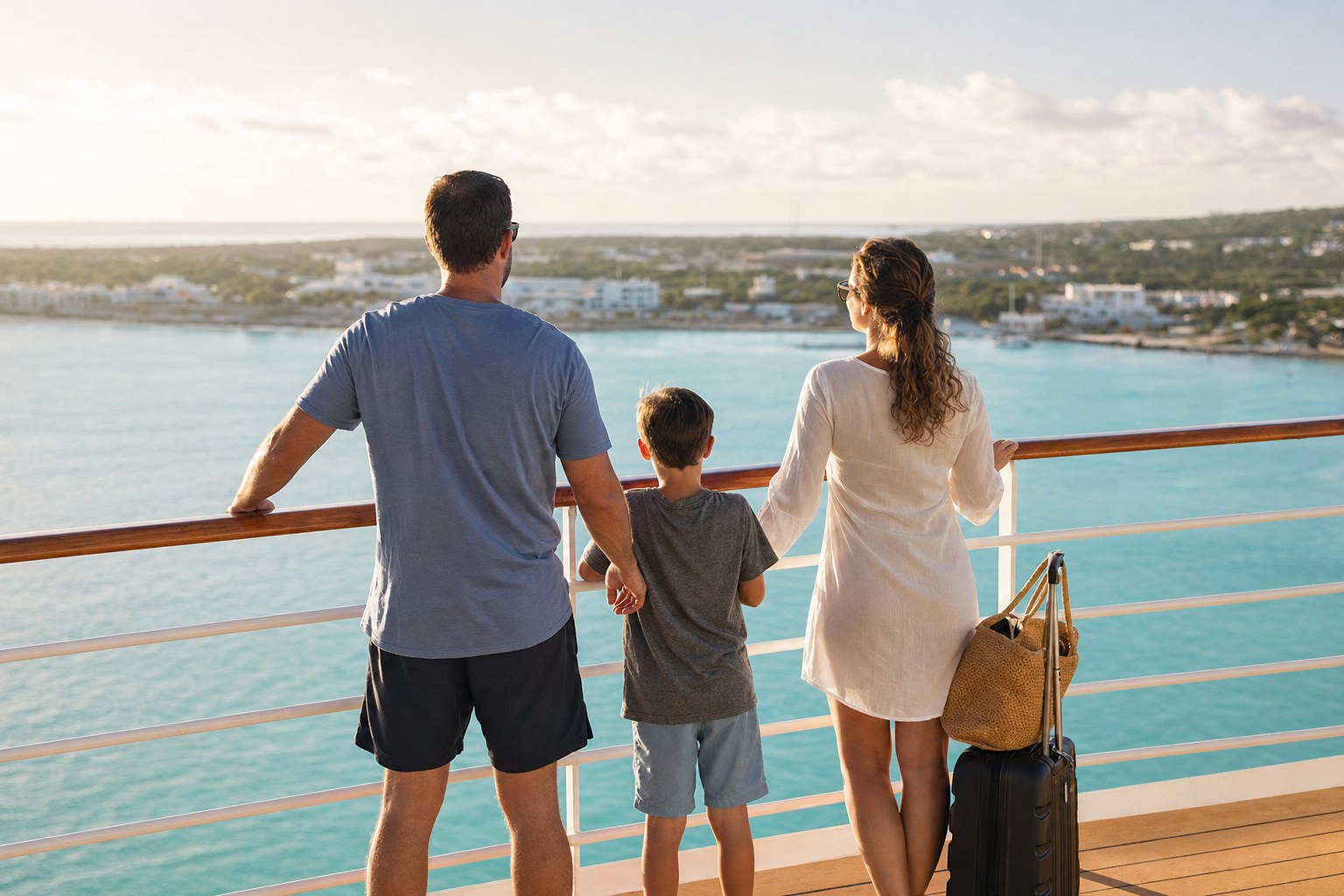 Family looking across the water from a cruise ship deck