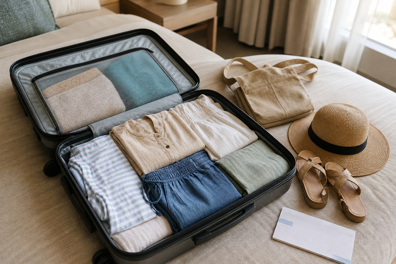 Open suitcase neatly packed for a cruise