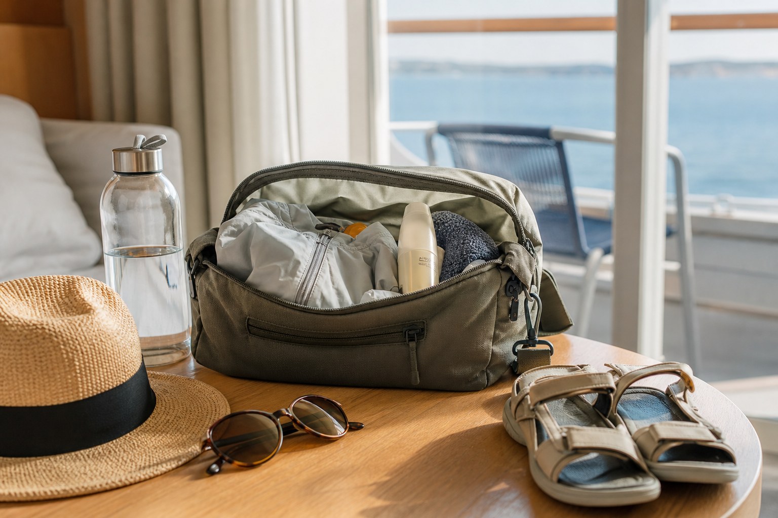 Small port-day bag with water bottle, sun hat, and sandals