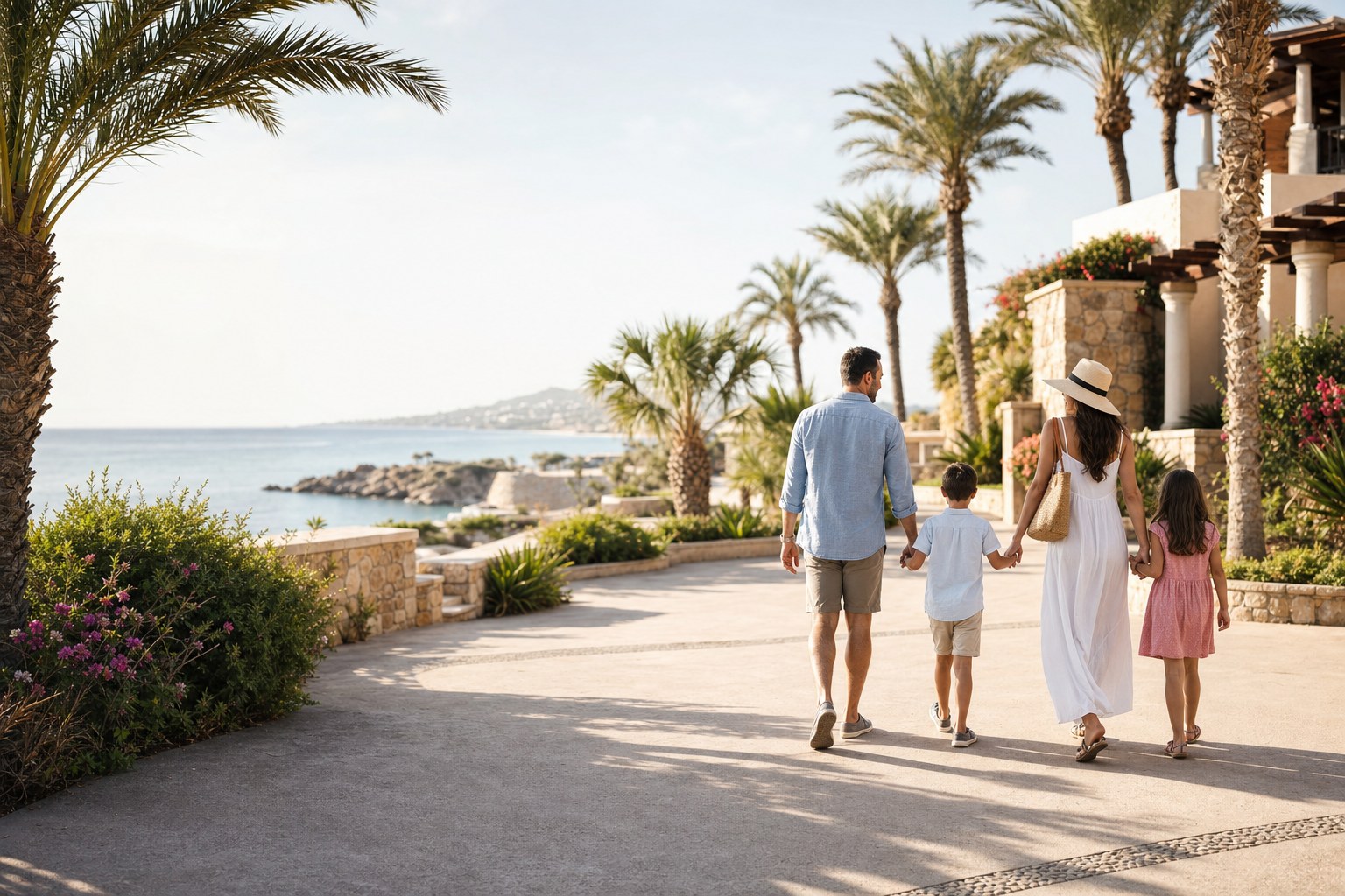Family walking through a palm-lined seaside resort