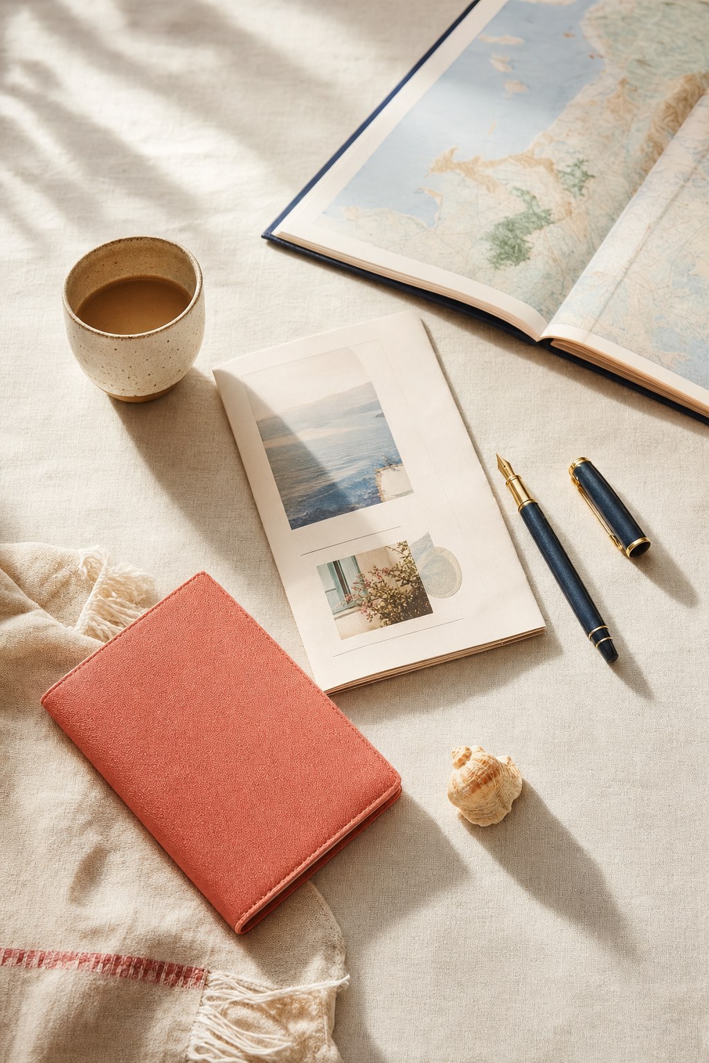 Travel planning notebook, map, and pen on a linen table