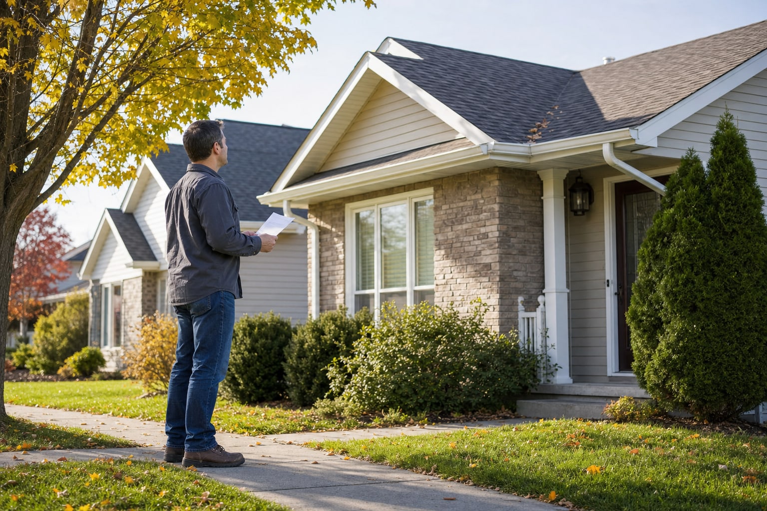 Homeowner reviewing a maintenance checklist outside a suburban home