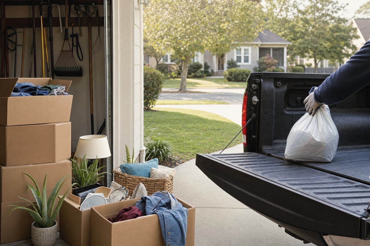 Household items being cleared from a garage into a pickup truck