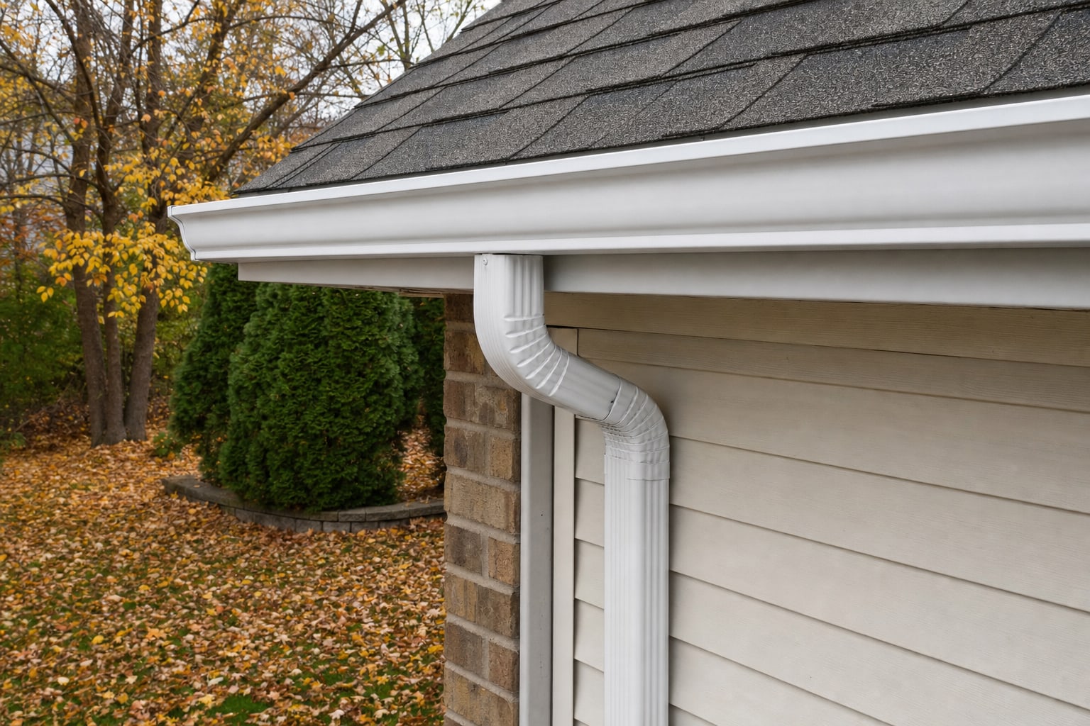 Clean gutter and downspout on a home with autumn leaves nearby