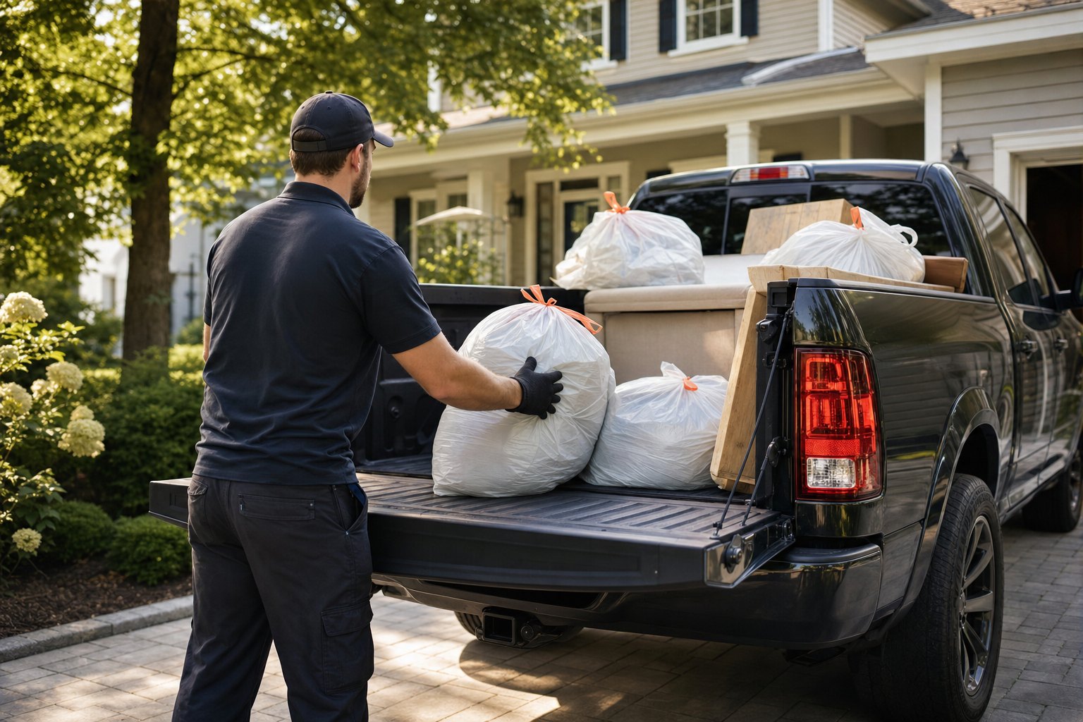 Gloved hands loading bagged items into a pickup truck for hauling