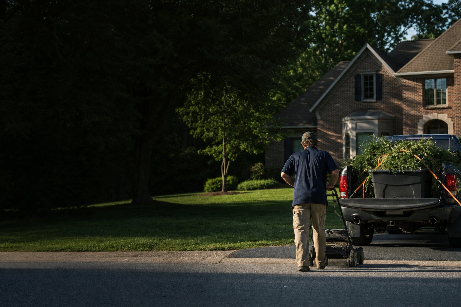 Property worker mowing a lawn beside a pickup truck