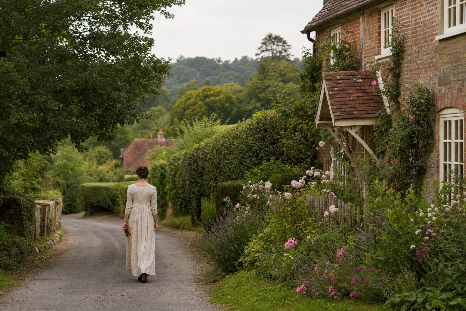 Hampshire village lane with brick cottages, hedgerows, and a reader walking away