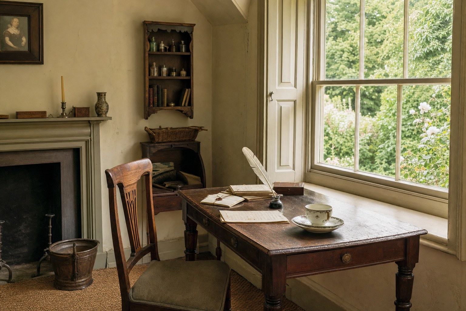 Period writing room with a wooden desk, quill, letters, and garden view