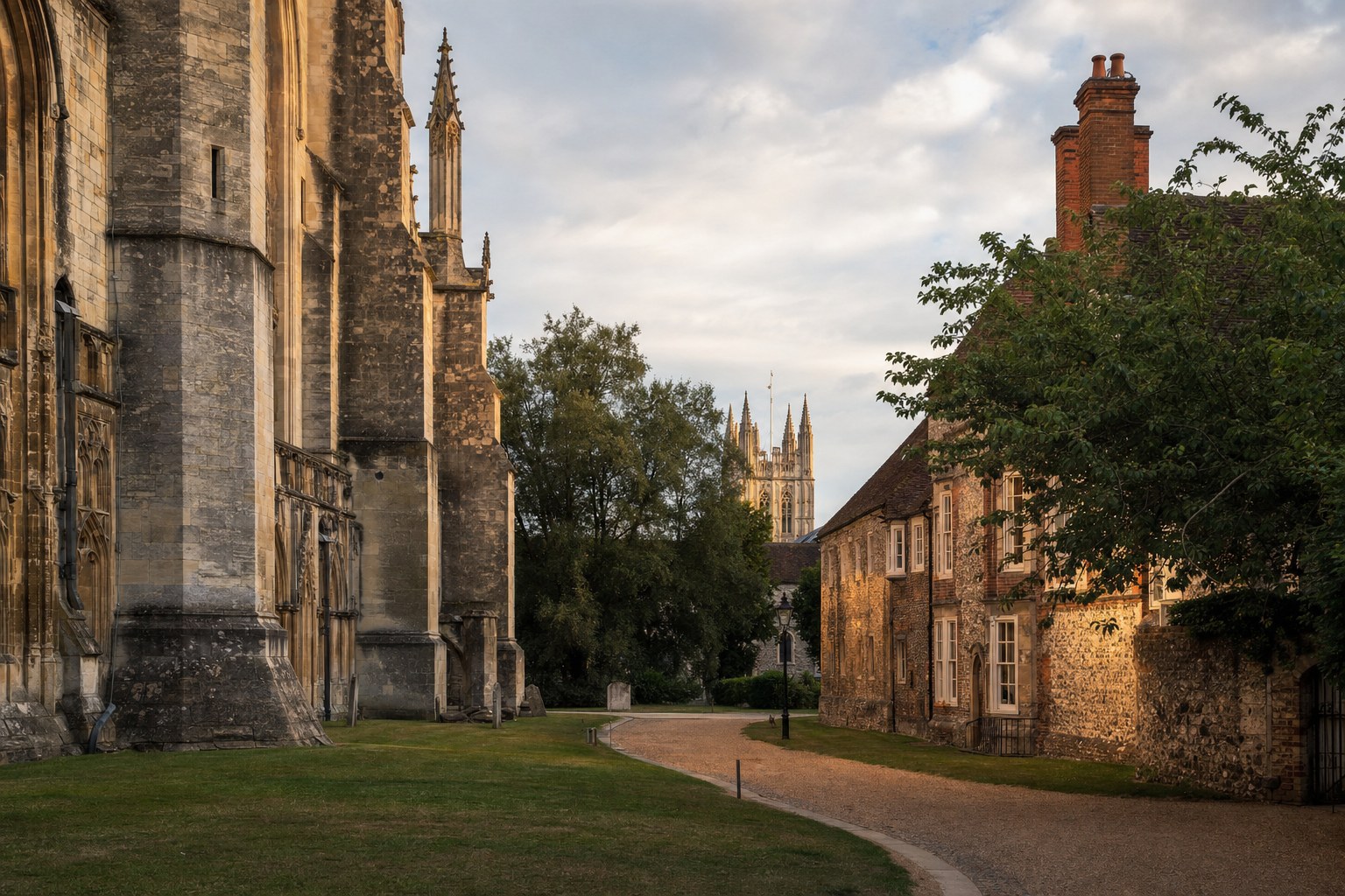 Winchester Cathedral close in soft evening light