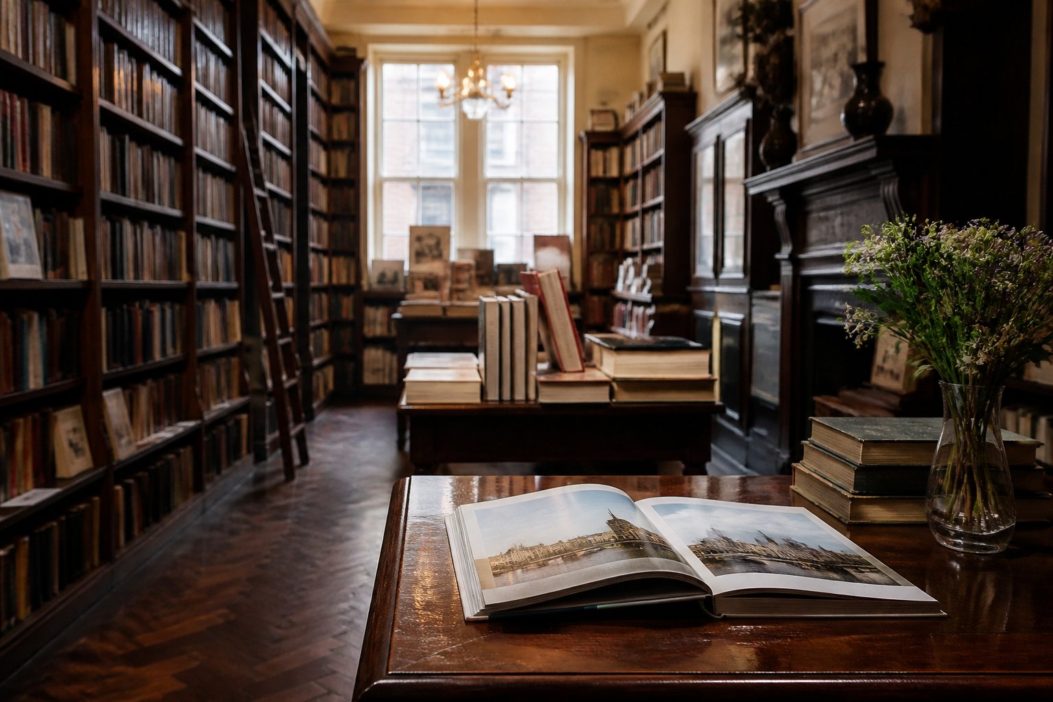 A warm, quiet bookshop interior with tall dark shelves and an open book on a table