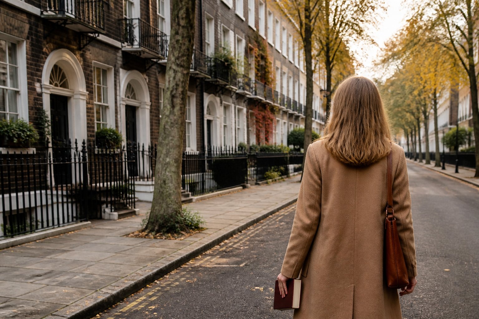 A reader walking along a leafy Georgian street in London