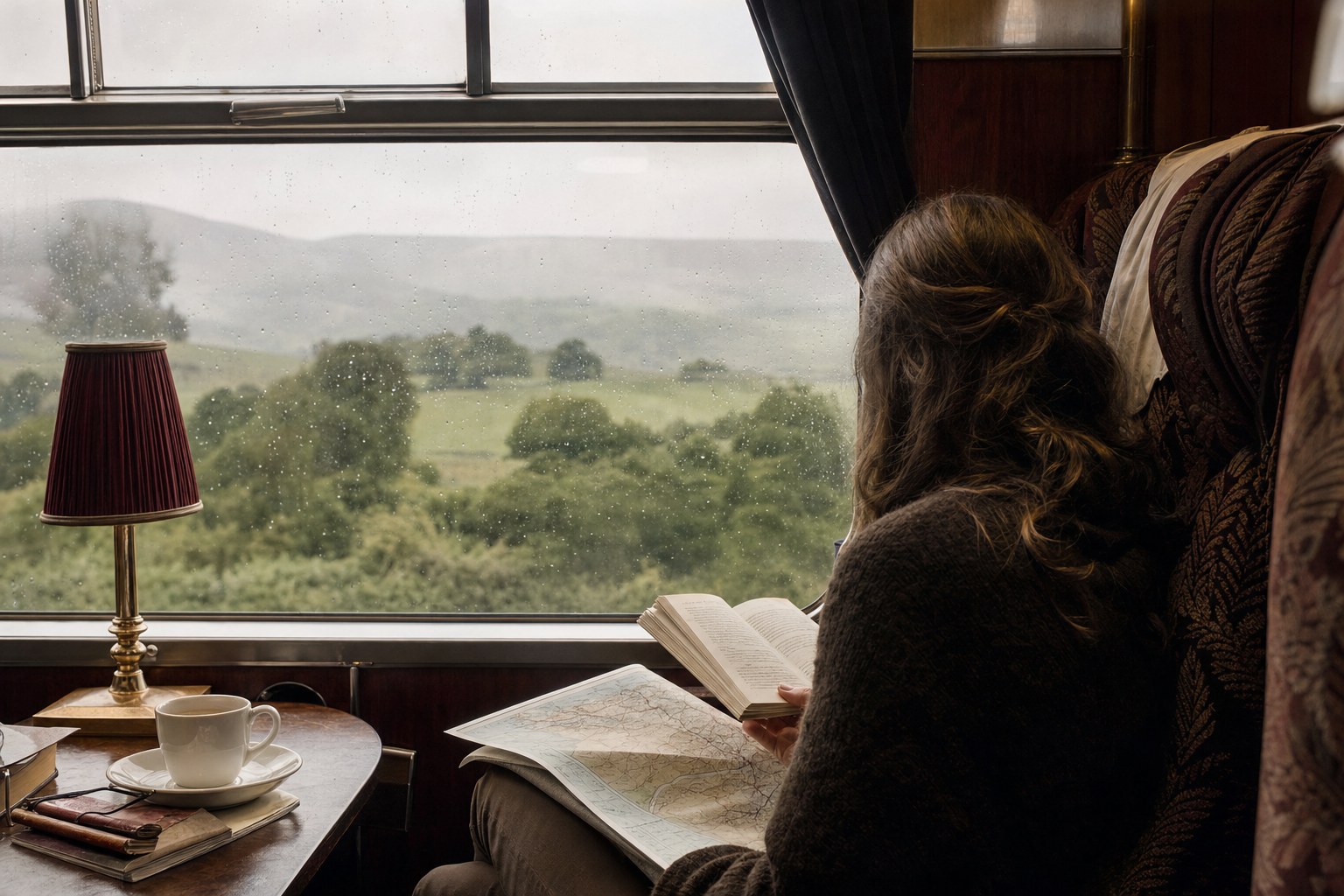 A traveler reading beside a rain-speckled train window