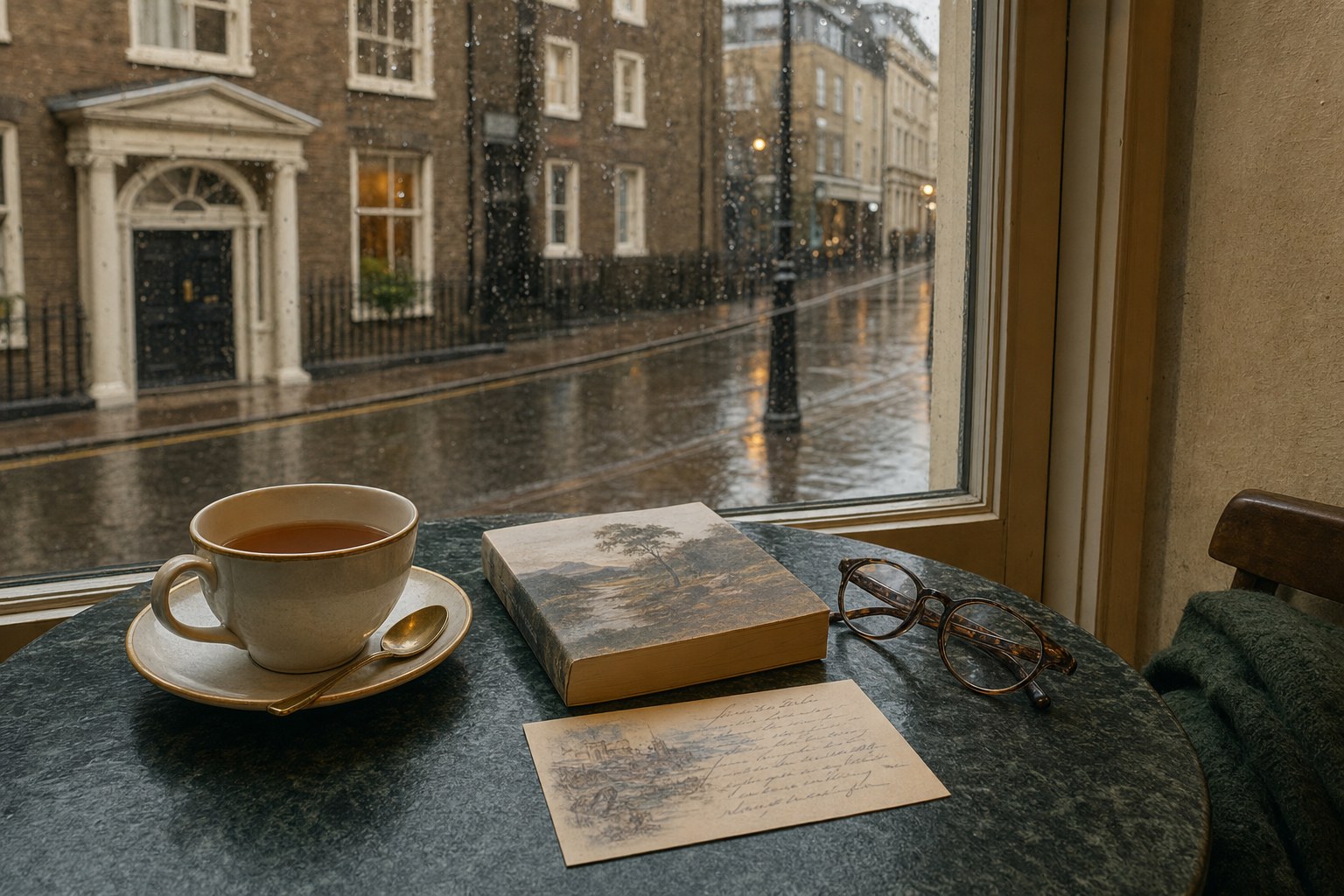 Tea, a book, and reading glasses beside a rain-speckled café window