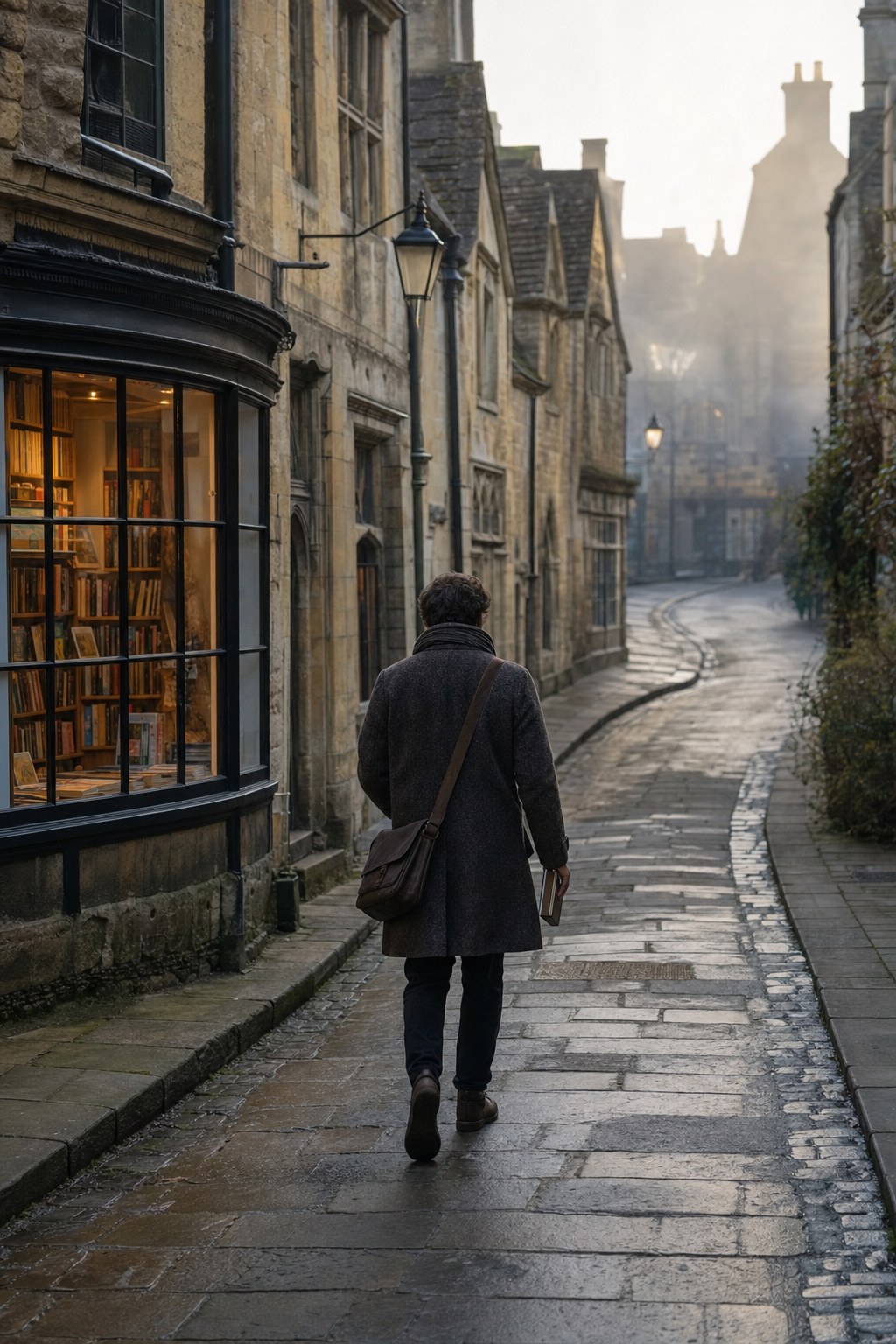 A traveler carrying a book along a misty historic lane