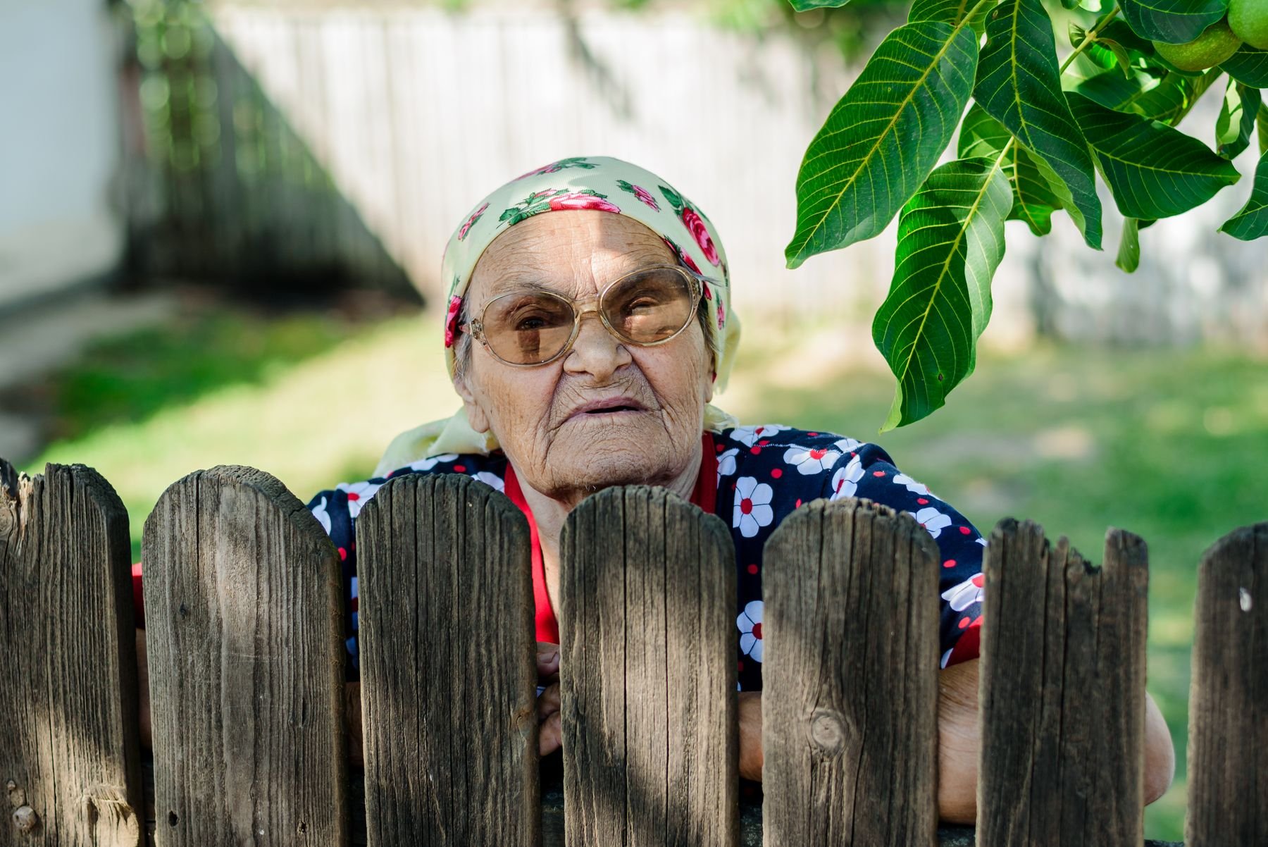 An older Romanian woman in a floral headscarf beside her garden fence