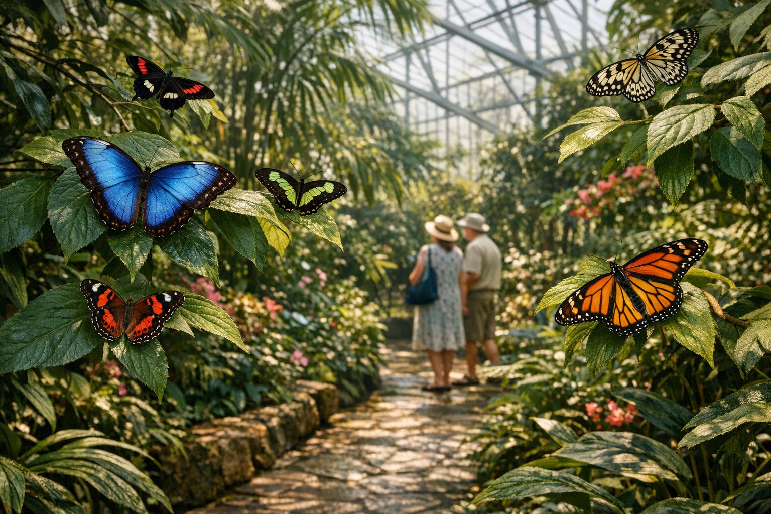 Butterflies among tropical foliage in a bright glasshouse