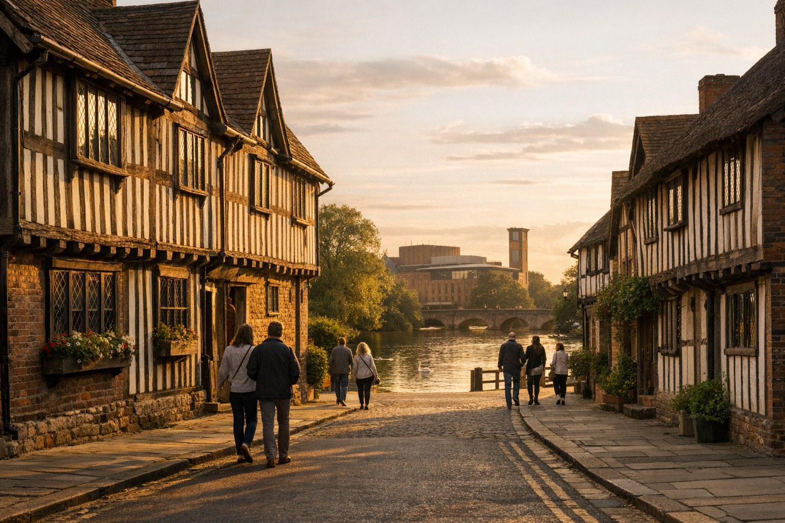 Tudor street in Stratford-upon-Avon at golden hour