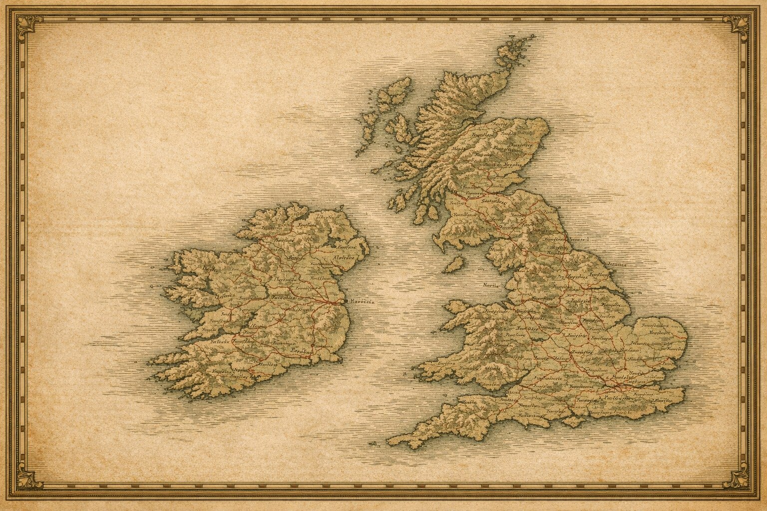 Antique map of the United Kingdom and Ireland with hand-colored routes