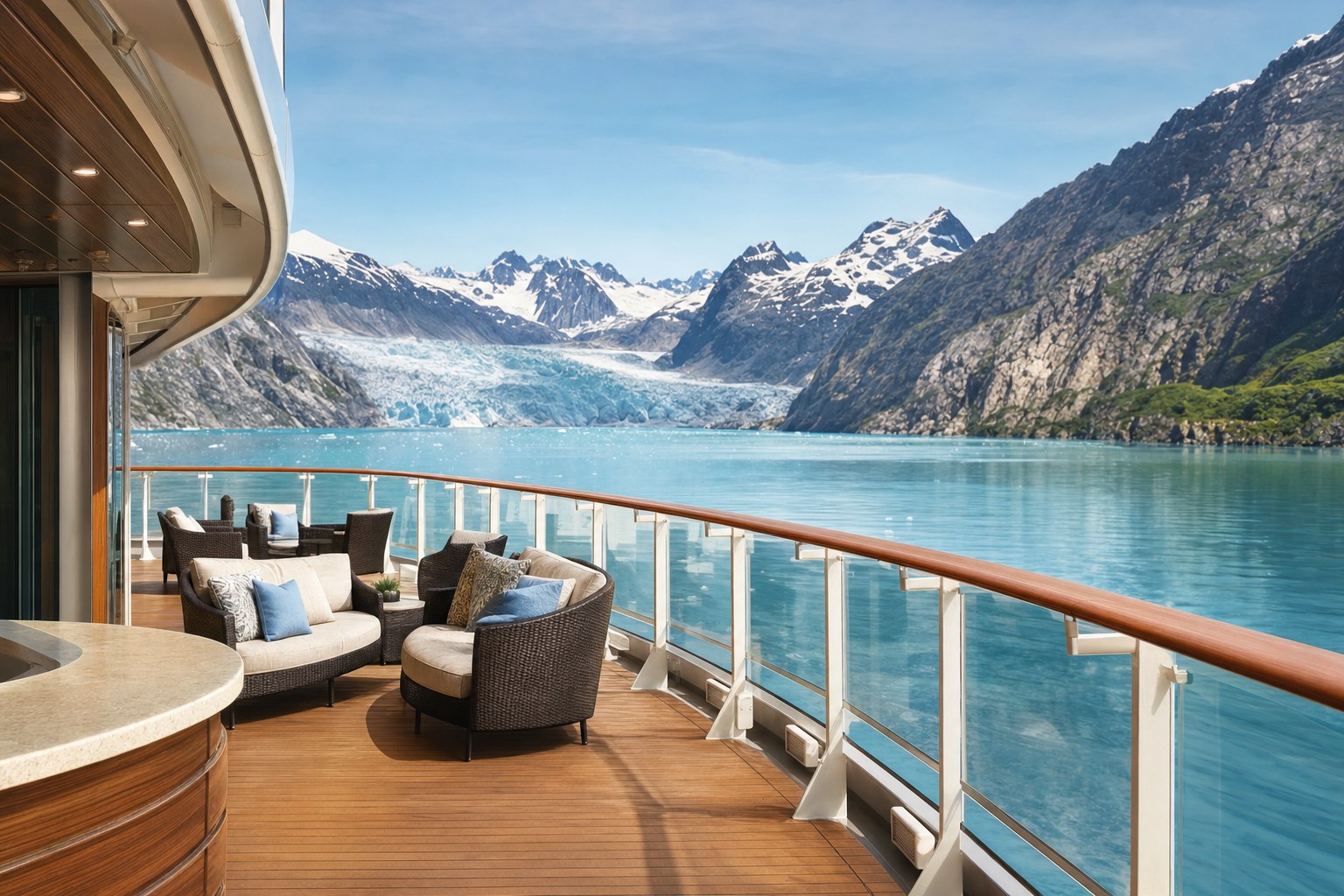 Quiet ocean cruise deck looking toward a mountain coast