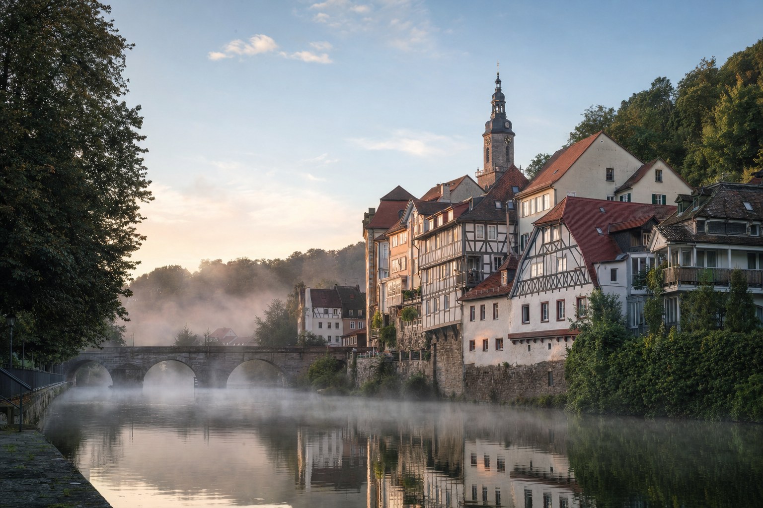 Historic German riverside town in soft morning light