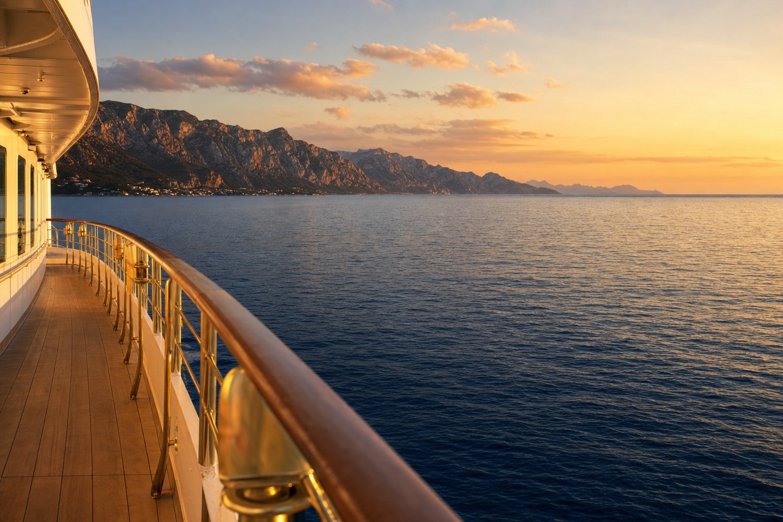 Quiet ocean cruise deck looking toward a mountain coast