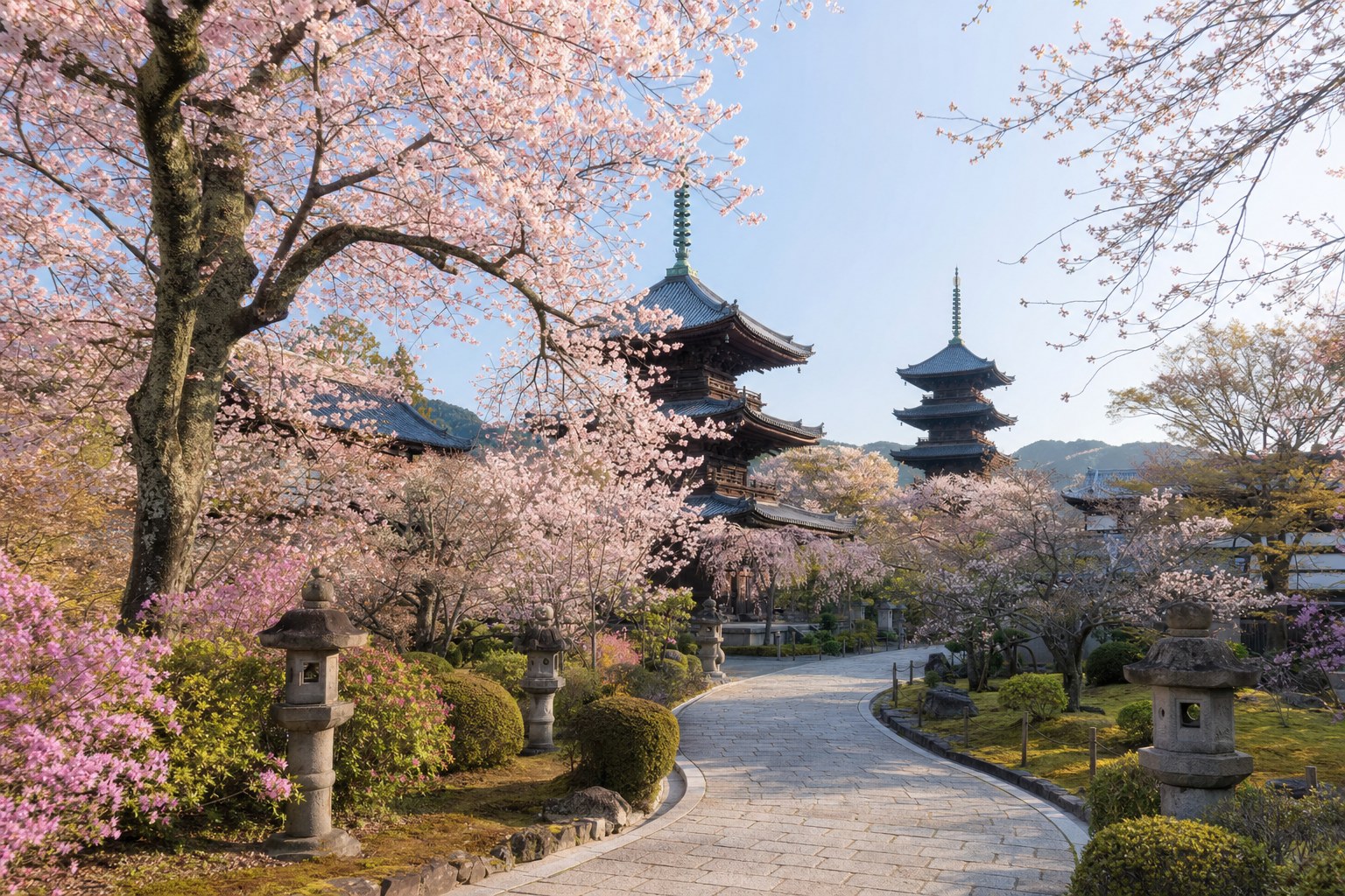 Japanese pagodas framed by cherry blossoms in spring