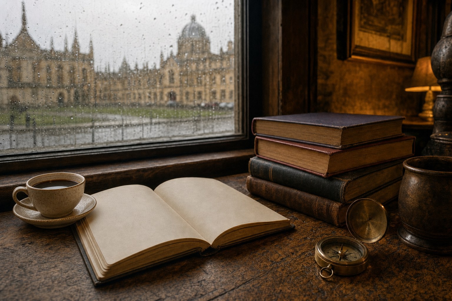 Coffee and open books beside an Oxford window