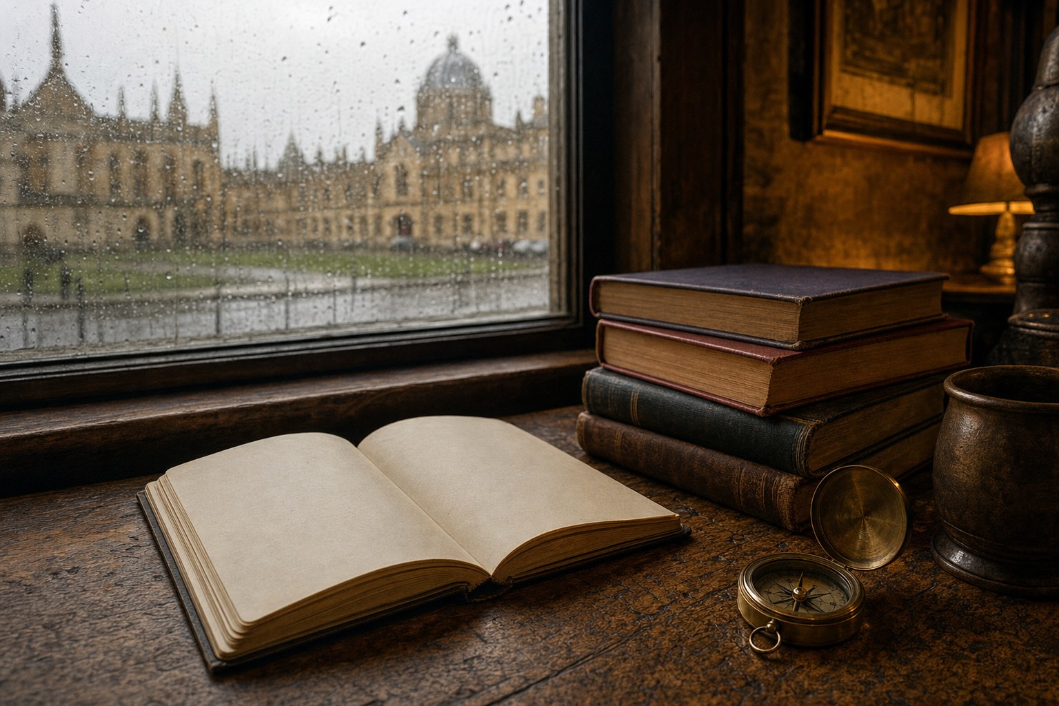 Travel notebook and books beside an Oxford window