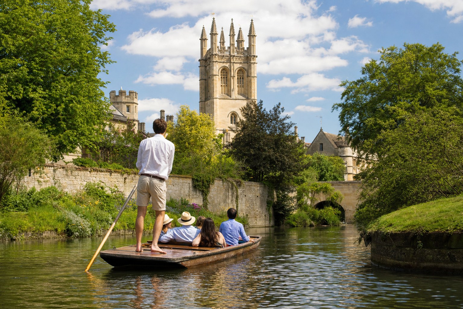 Travelers punting beside Oxford college architecture on a bright summer day
