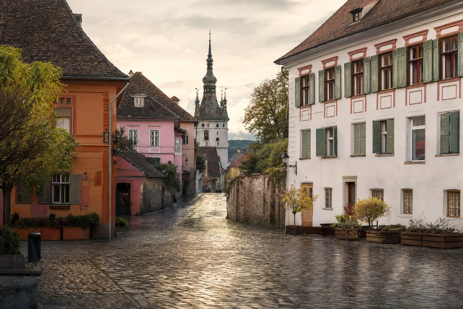 Historic Romanian old town square after rain