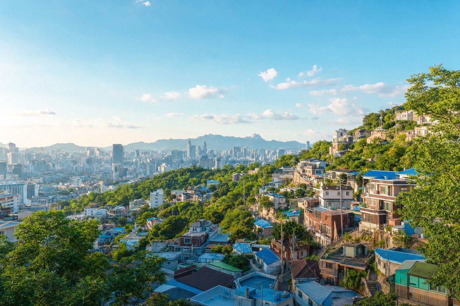 Hillside neighborhood overlooking Seoul in daylight